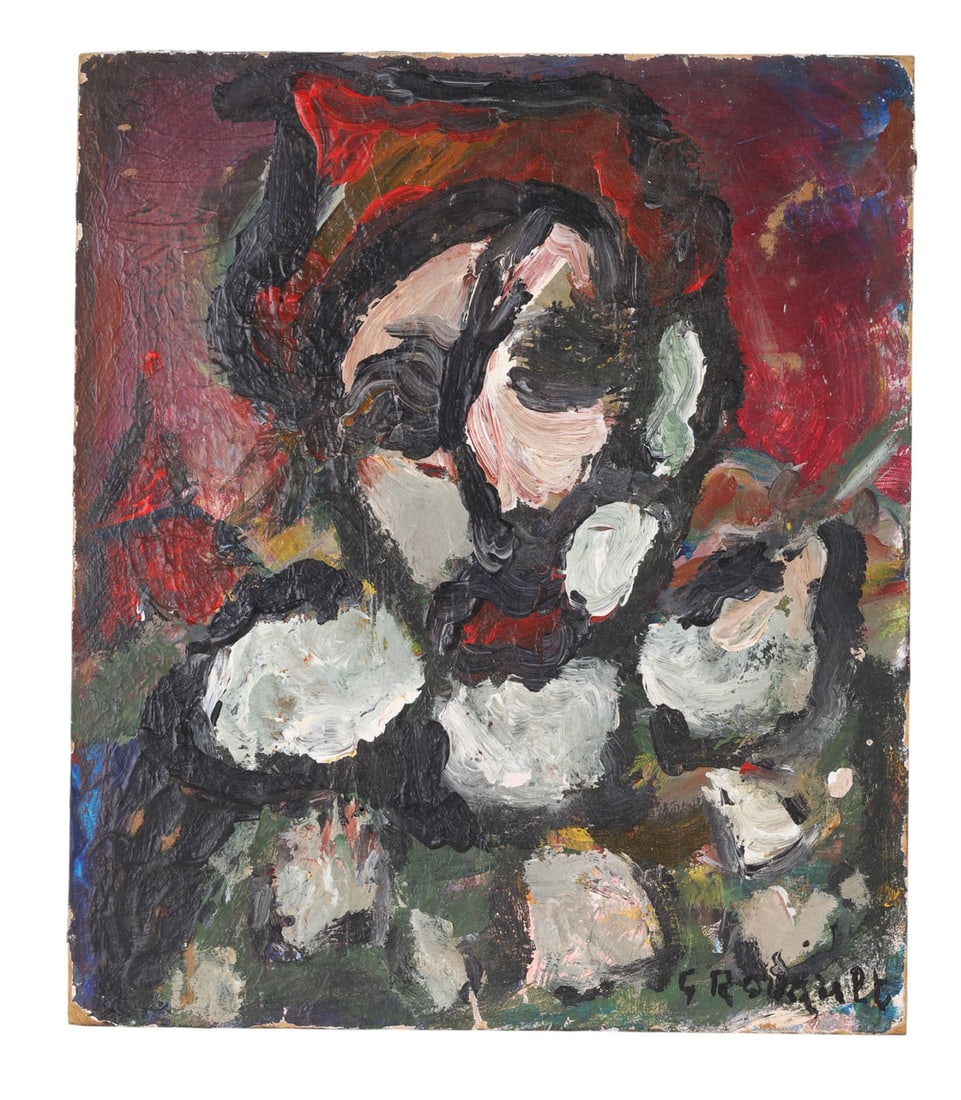 Georges Rouault 1871-1958 French Fauvism Painting: Georges Rouault (French, 1871-1958), oil painting on wooden panel depicting an abstract portrait composition rendered in thick impasto. The work features expressive brushwork and heavy layers of pigme