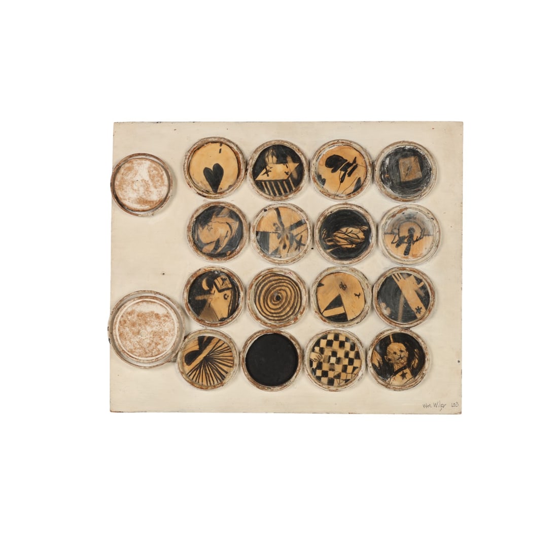 William Wiley 1937-2021 Sculpted Abstract Wall Art: William T. Wiley (American, 1937-2021), modern abstract outsider folk art style wall sculpture comprised of recycled found objects, featuring hand-painted tin can caps mounted to a wood board. The rev