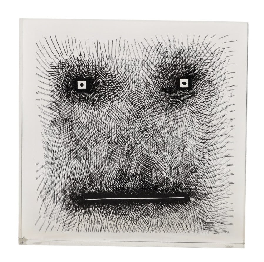 Merle Edelman b.1930 Mid Century Lucite Sculpture: Merle Edelman (American, born 1930), mid century modern op art acrylic sculpture featuring an abstract portrait composed of linear black elements embedded within a clear acrylic block. The face includ