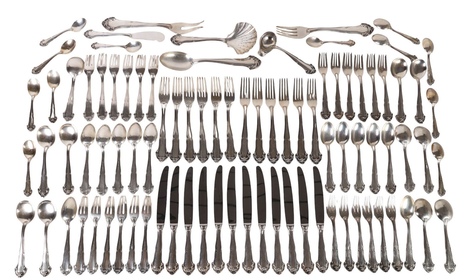 Buccellati 925 Sterling Silver Flatware SET 5,996g: Buccellati 89-piece Italian sterling silver flatware set in the Grande Imperiale pattern, featuring classic scroll-form handles, with each sterling piece marked Buccellati Italy Sterling. The set cons