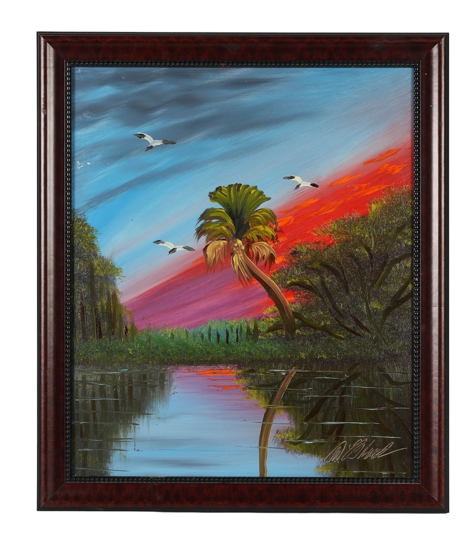 Al Black 1946-2025 Florida Highwayman Oil Painting: Albert (Blood) Black (American, 1946-2025), oil painting on upson board depicting a vivid Everglades sunset scene. A tall palm tree stands beside reflective water, surrounded by dense foliage and silh