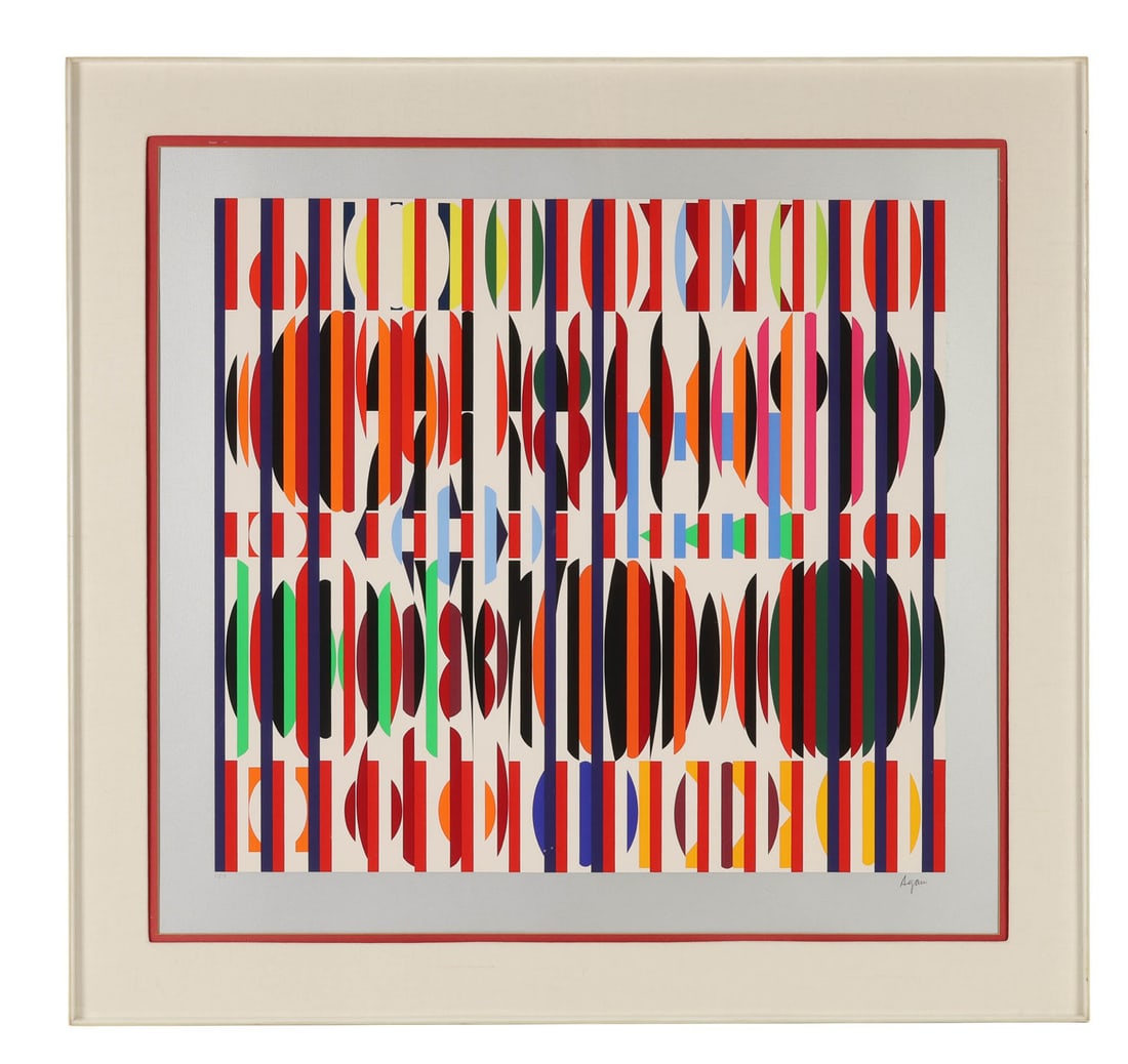 Yaacov Agam b.1928 Optical Art Colored Serigraph: Yaacov Agam (Israeli, born 1928), silkscreen print on paper featuring a dynamic geometric composition of vertical bands and intersecting multicolored shapes. Known for his contributions to kinetic and