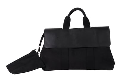 Hermes Black Canvas & Leather Flap Travel Tote Bag