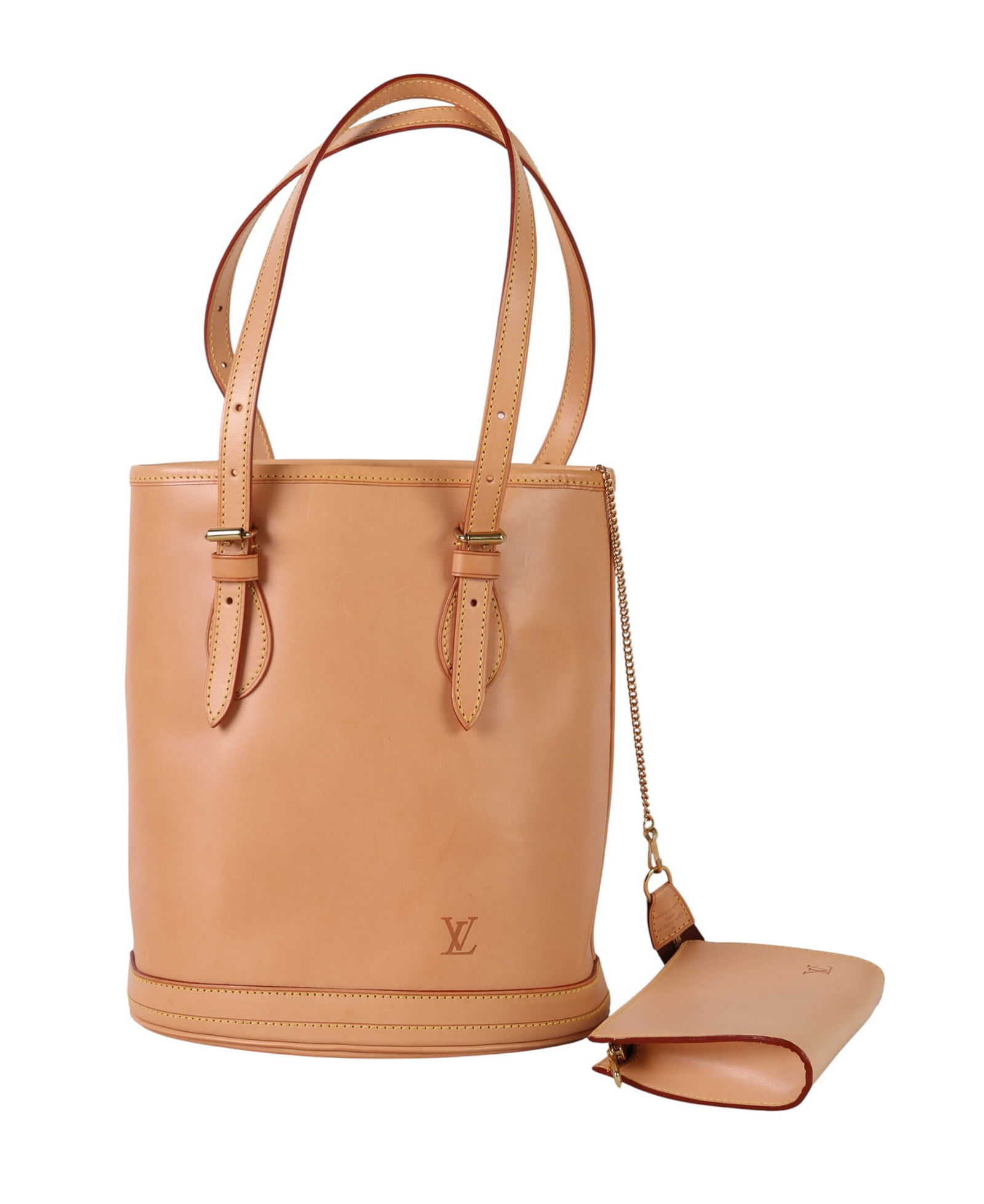 Louis Vuitton Vachetta Leather Petit Bucket Bag: Louis Vuitton France Limited Edition luxury designer bucket tote shoulder bag crafted in natural vachetta leather, featuring dual 8.5" drop adjustable shoulder straps and a gold-tone chain-attached zi