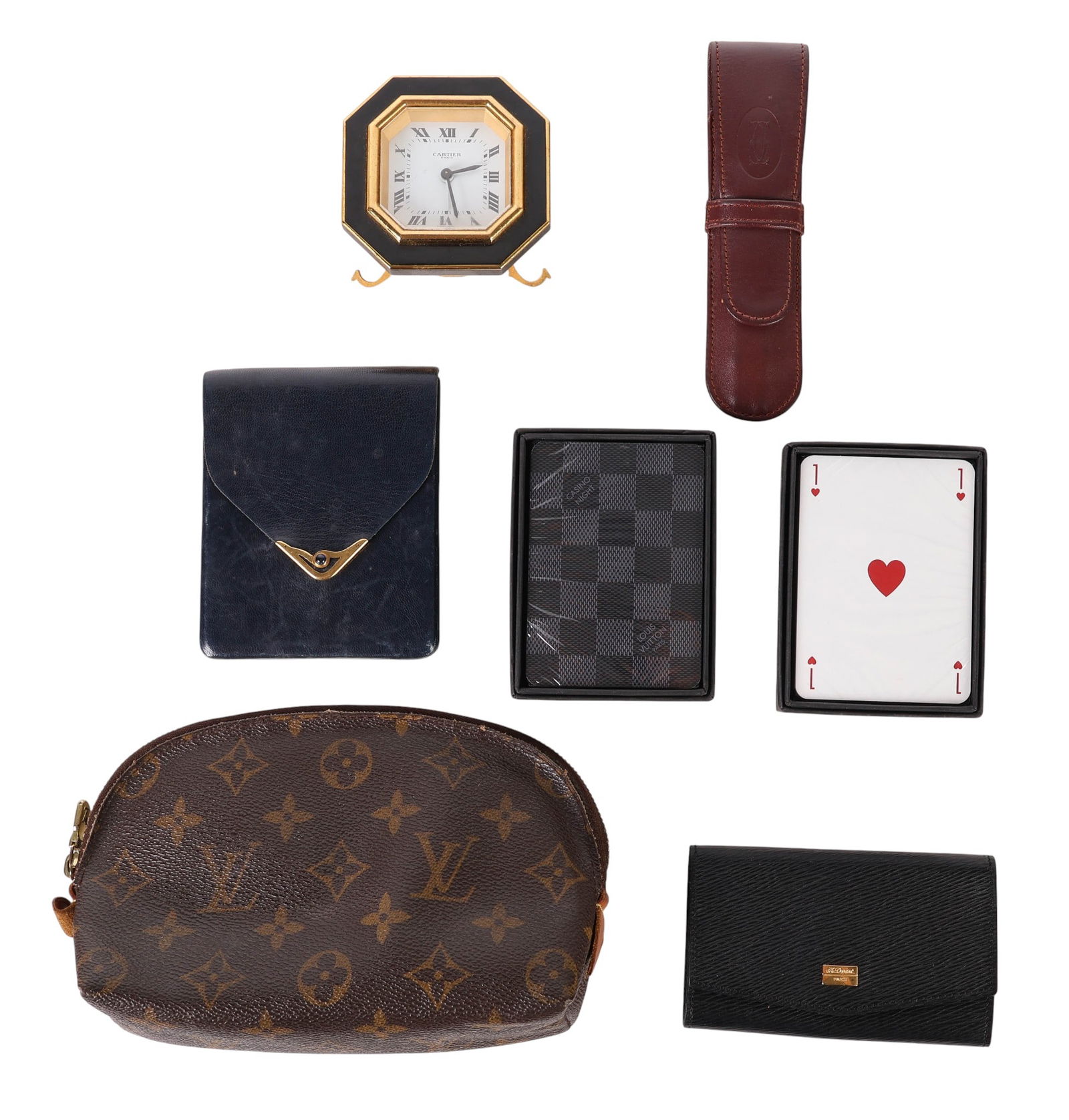 Louis Vuitton Cartier ST Dupont Luxury Smalls LOT: Estate lot of seven luxury designer items including one Louis Vuitton monogram cosmetic pouch and two sealed Louis Vuitton playing card decks housed in branded boxes. Also included is a vintage S.T. D