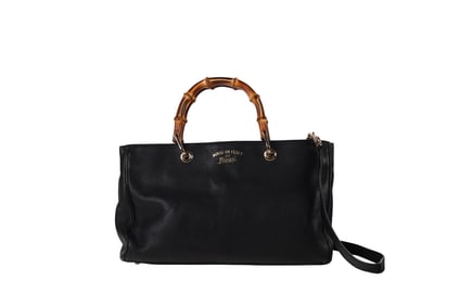 Gucci Black Pebbled Leather Bamboo Handle Handbag