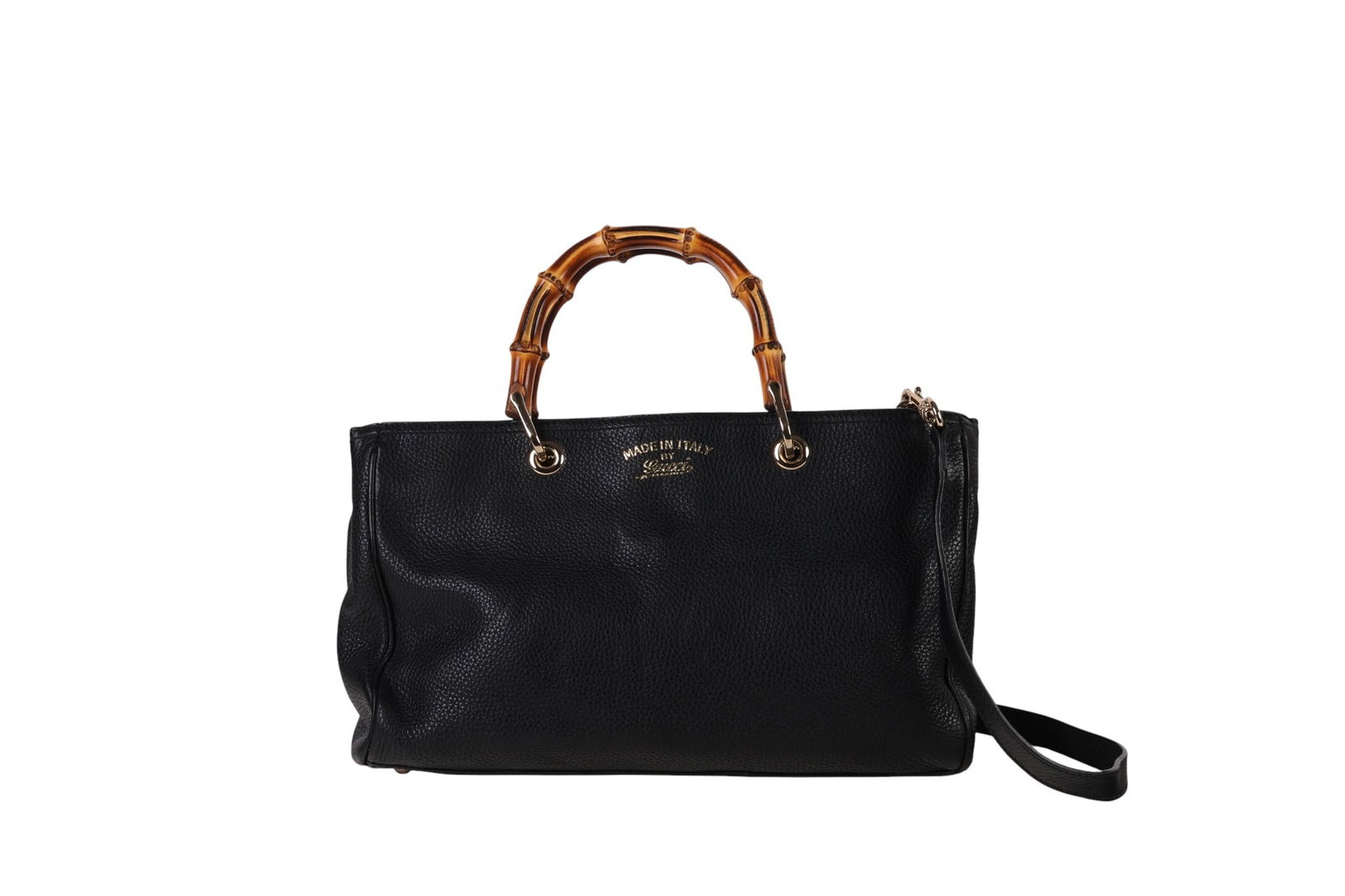 Gucci Black Pebbled Leather Bamboo Handle Handbag: Gucci pebbled leather luxury designer handbag with dual bamboo top handles, 18"-20" drop adjustable shoulder strap, magnetic and zip compartments, canvas interior with gold tone hardware marked Gucci