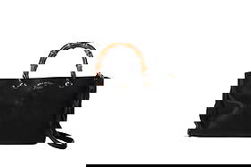 Gucci Black Pebbled Leather Bamboo Handle Handbag: Gucci pebbled leather luxury designer handbag with dual bamboo top handles, 18"-20" drop adjustable shoulder strap, magnetic and zip compartments, canvas interior with gold tone hardware marked Gucci