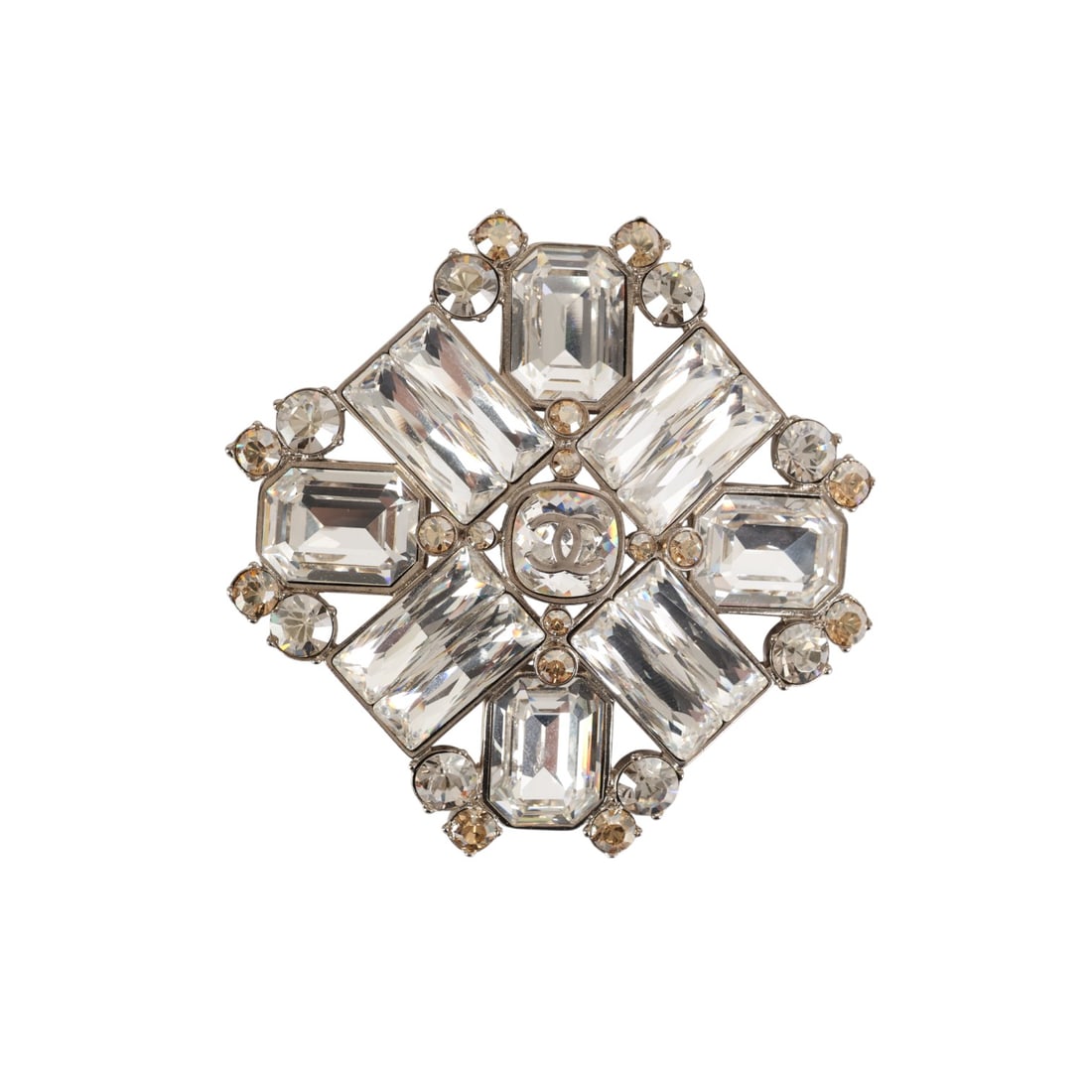 Chanel CC Rhinestone Belt Buckle Pendant Clasp: Chanel vintage silver-tone rhinestone belt buckle or pendant featuring geometric faceted clear and pale yellow stones set in a silvered metal frame. Central interlocking CC logo prominently