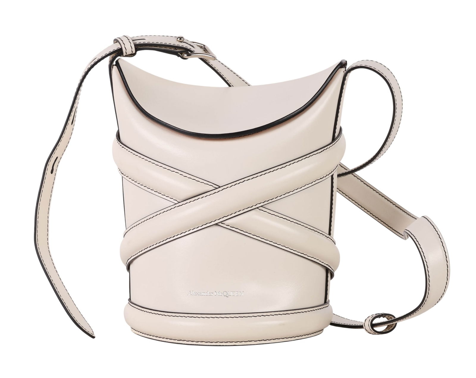 Alexander McQueen White Leather Curve Shoulder Bag: Alexander McQueen "The Curve" Italian luxury designer bucket-form shoulder bag featuring a sculpted structure with overlapping crisscross leather bands and black edge trim. Designed with a flap