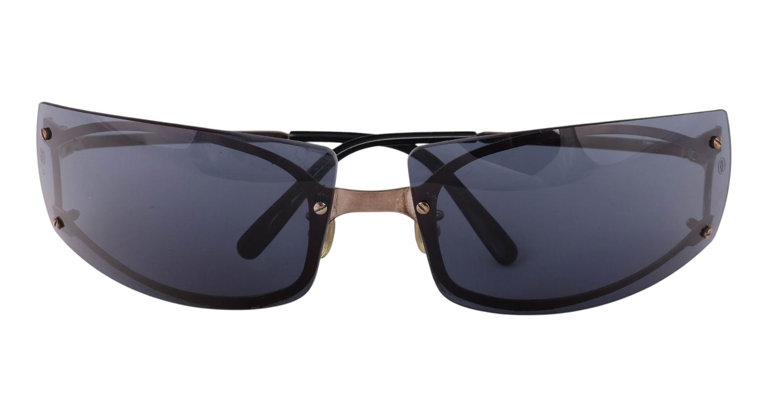 Cartier Luxury Designer Blue Rimless Sunglasses: Cartier luxury French designer eyewear brand optical sunglasses with rimless blue lenses, engraved bridge marked 75 15 and serial number 3796449. Inner temple engraved Cartier and 115 Made in France.