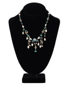 Victorian Style Gold Wire Turquoise Pearl Necklace