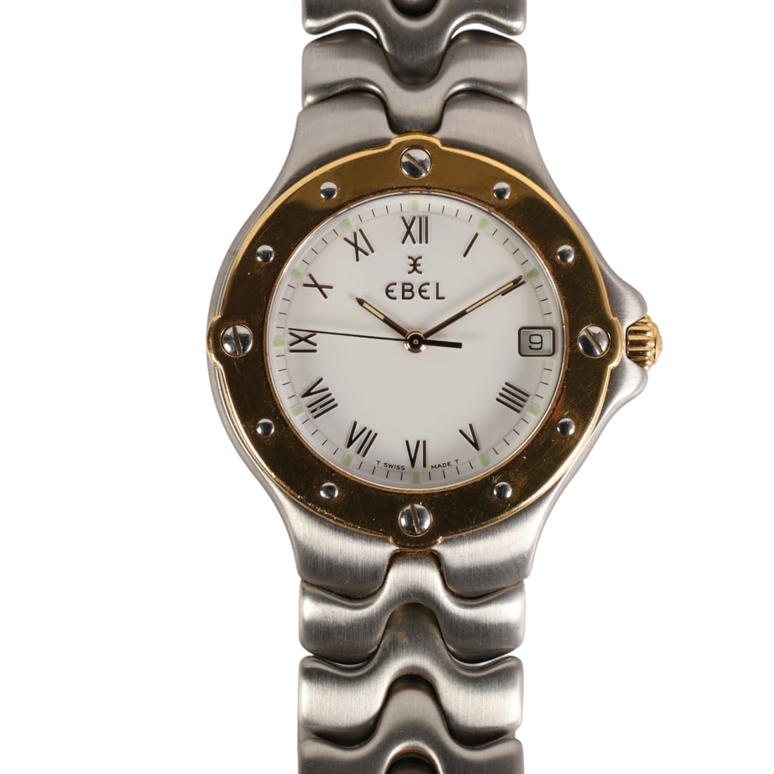 Ebel Sportwave 18k Bezel Mens Vintage Wristwatch: Ebel vintage mens Swiss stainless steel watch with an 18k yellow gold bezel and signature wave-link bracelet. The 38 mm case features a white dial with gold-tone Roman numeral hour markers, a date