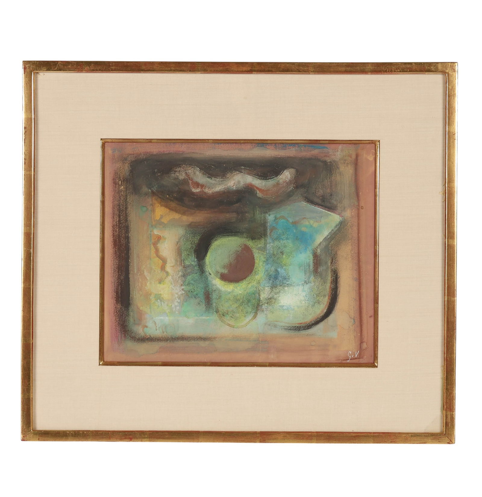 Abstract Geometric Modern Gouache Painting SIGNED: Abstract 20th century gouache and pastel painting on paper featuring a composition of organic and geometric shapes. The artwork showcases color blending in green, blue, brown, and black tones, creatin