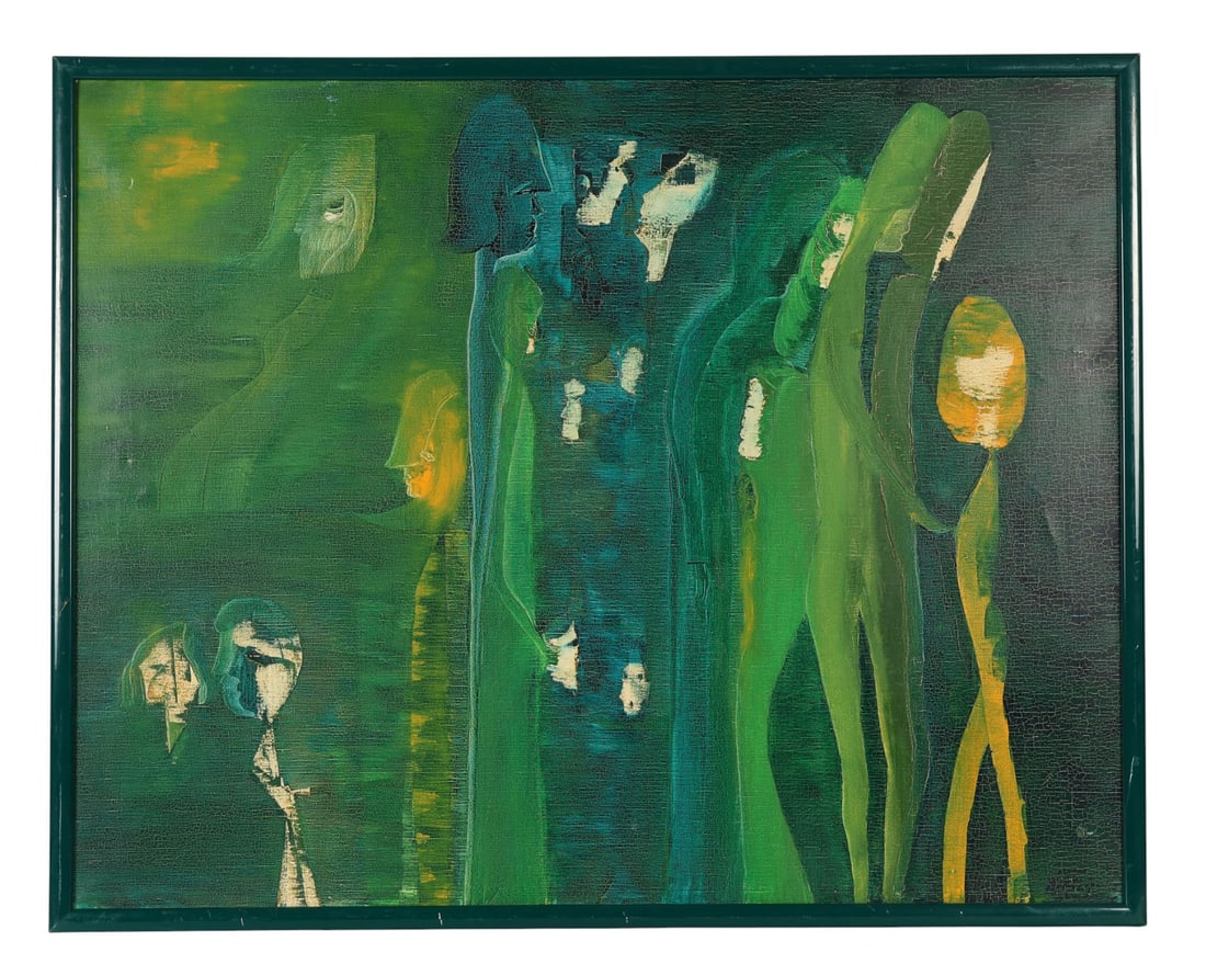 Modern Abstract Figurative Drip Painting SIGNED: 20th Century abstract oil on canvas featuring elongated spectral figures rendered in layered greens, blues, and ochres. The composition evokes a dreamlike, spiritual procession, with ghostly forms eme