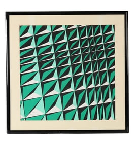 Geometric Green Black White Op Art Painting SIGNED