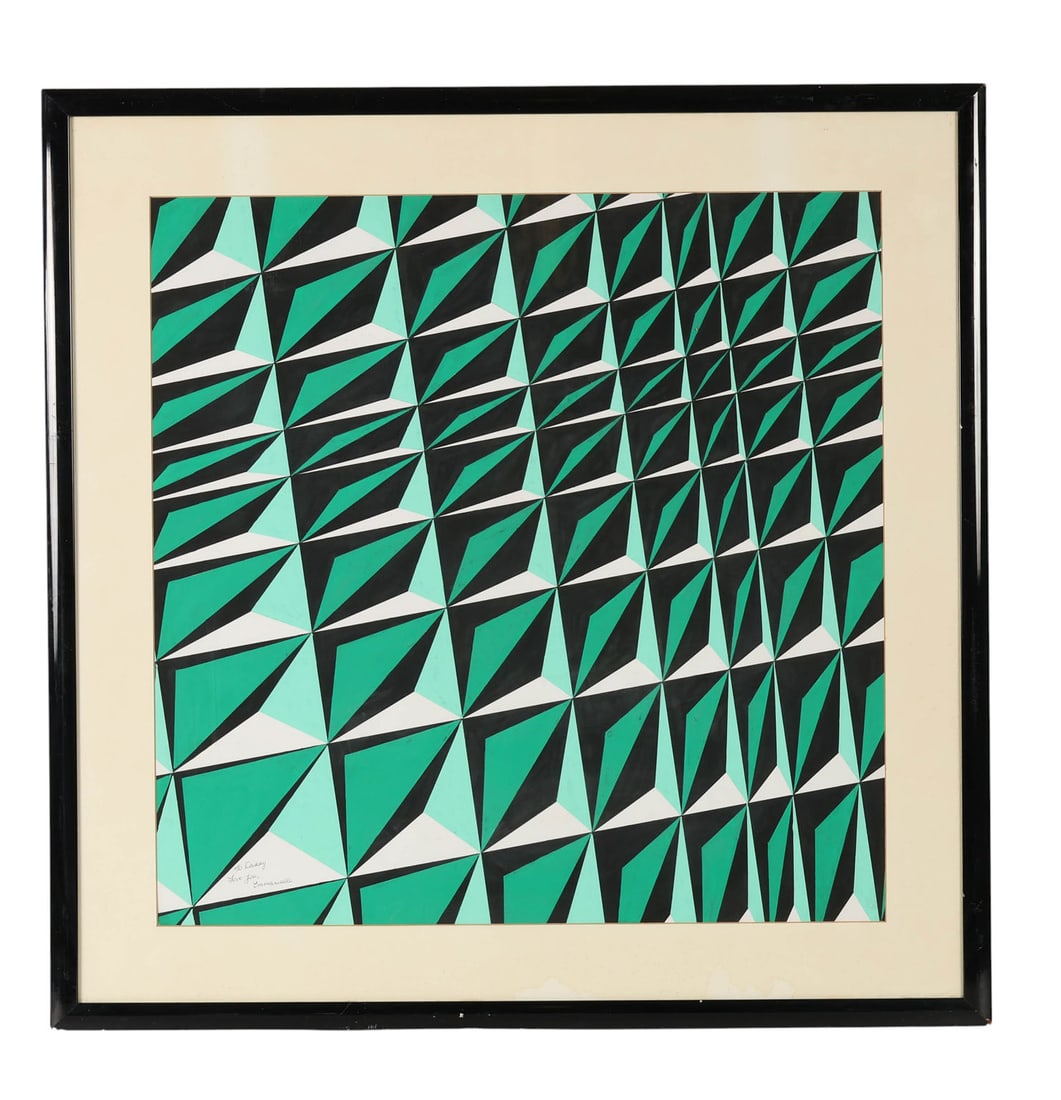 Geometric Green Black White Op Art Painting SIGNED: Modern 20th Century abstract painting on paper featuring a dynamic tessellation of triangular and diamond-shaped forms arranged in a grid. The composition employs bold shades of green, black, white, a