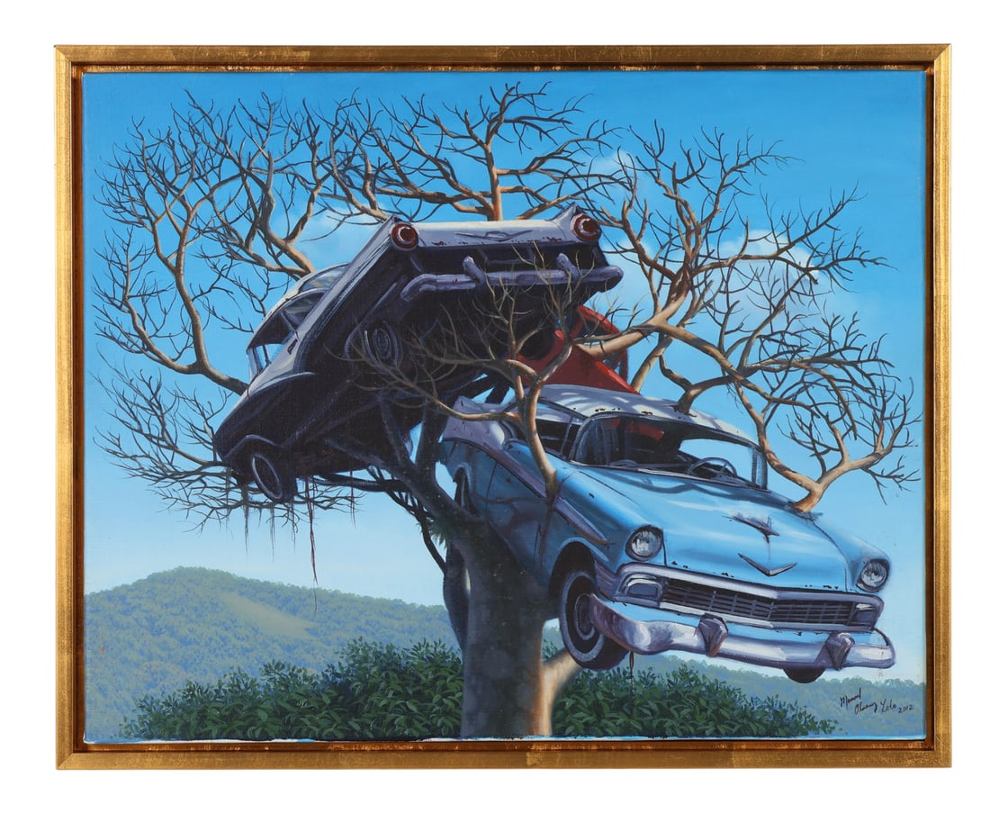 Surreal Car and Tree Landscape Oil Painting SIGNED: Surrealist 21st Century oil painting on canvas featuring a imaginative composition. Three classic cars are shown crashed and entwined within the twisted limbs of a large barren tree, set against a viv