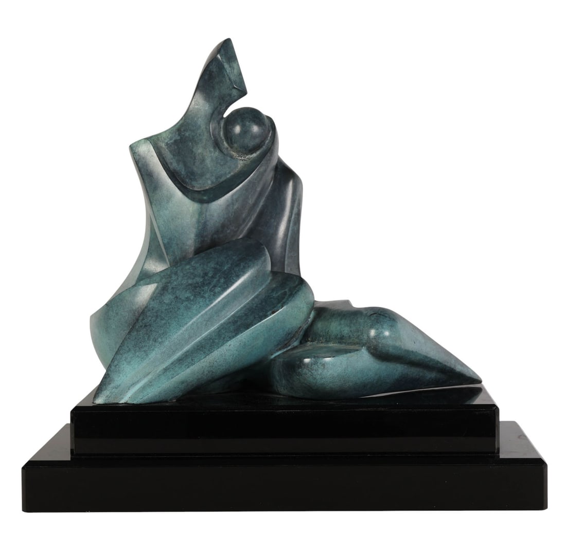 Haim Azuz b.1932 Modern Abstract Bronze Sculpture: Haim Azuz (Turkish, born 1932), bronze sculpture depicting an abstract reclining figure with stylized anatomical features and angular planes, mounted on a tiered black base. Signed H. Azuz and inscrib