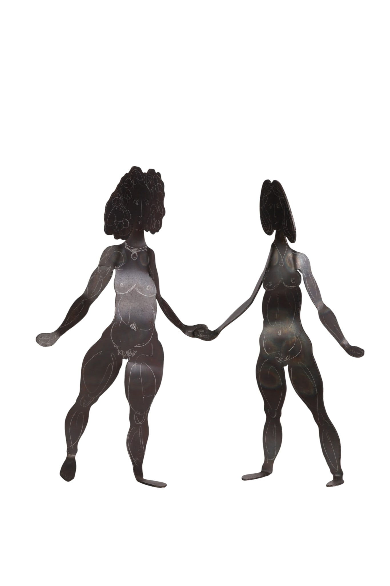 Robert L Morris b.1947 Modernist Metal Sculptures: Robert Lee Morris (American, born 1947), freestanding cut metal sculpture depicting stylized nude female figures holding hands, with incised linear detailing and drawn anatomical features. Cut from fl