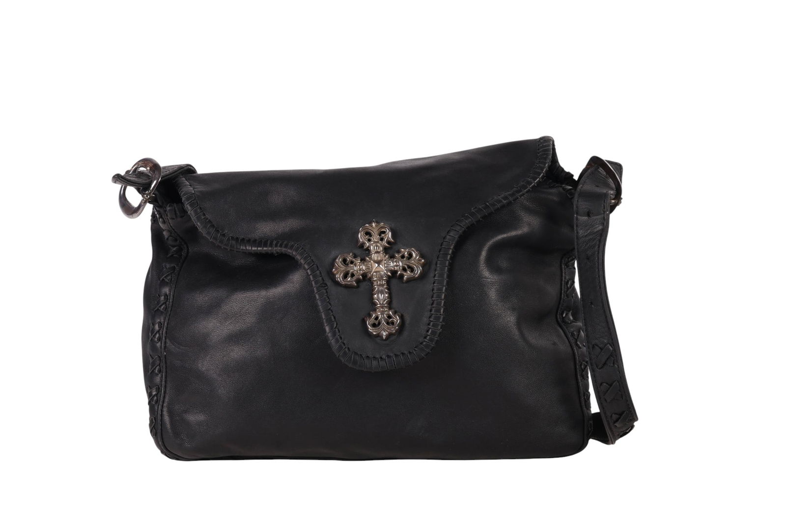Chrome Hearts Black Leather Shoulder Purse Handbag: Chrome Hearts luxury designer black leather shoulder bag with a front flap closure, featuring stitched woven leather trim and a central sterling silver cross emblem. The design includes an adjustable