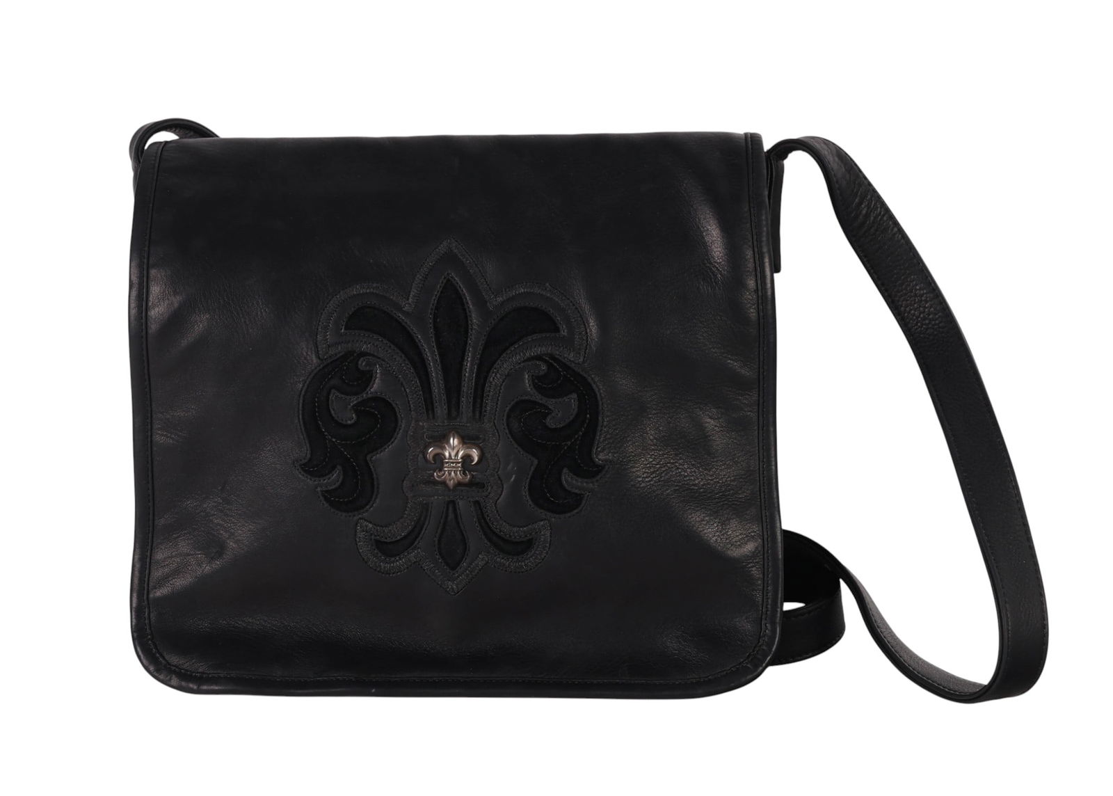 Chrome Hearts Leather Crossbody Messenger Bag: Chrome Hearts luxury designer black leather crossbody messenger bag featuring a front flap with fleur de lis suede inlay and a raised sterling silver cross emblem. Secured with a magnetic snap closure