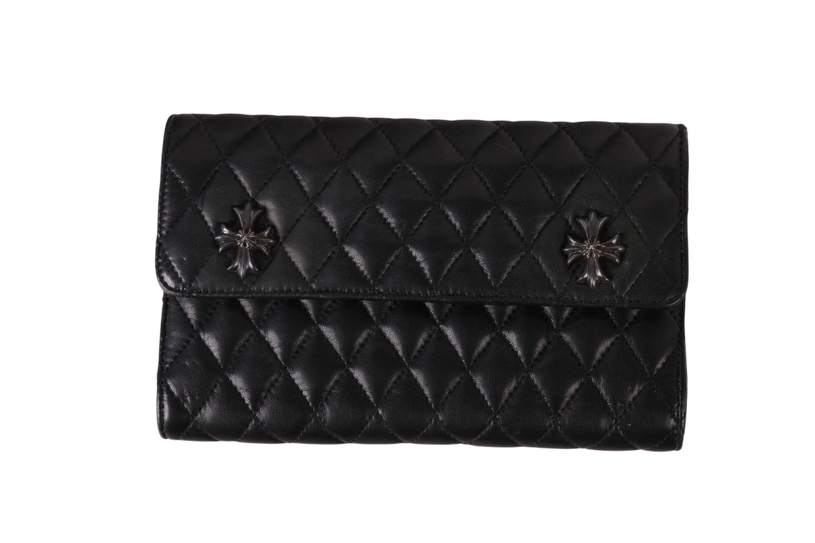 Chrome Hearts Black Quilted Leather Wallet Purse: Chrome Hearts black quilted leather and sterling silver luxury designer wallet featuring dual silver cross emblems on the flap and a silver branded plaque on the back marked Chrome Hearts. The interio