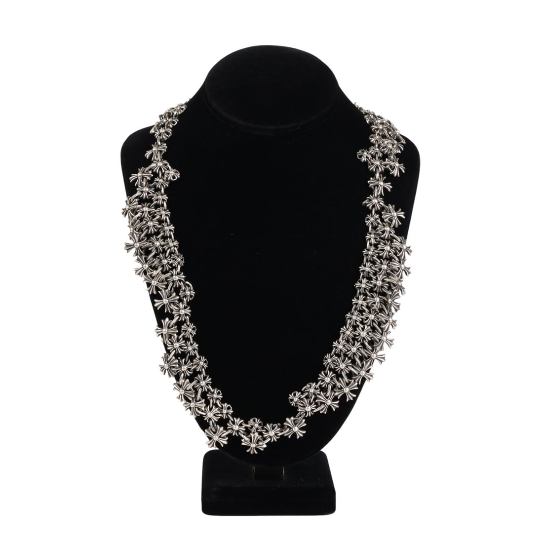 Chrome Hearts Sterling Gothic Cross Necklace 244g.: Chrome Hearts luxury designer sterling silver multi-charm link necklace featuring an elaborate arrangement of signature cross motifs and links. The necklace measures approximately 25" in length with a