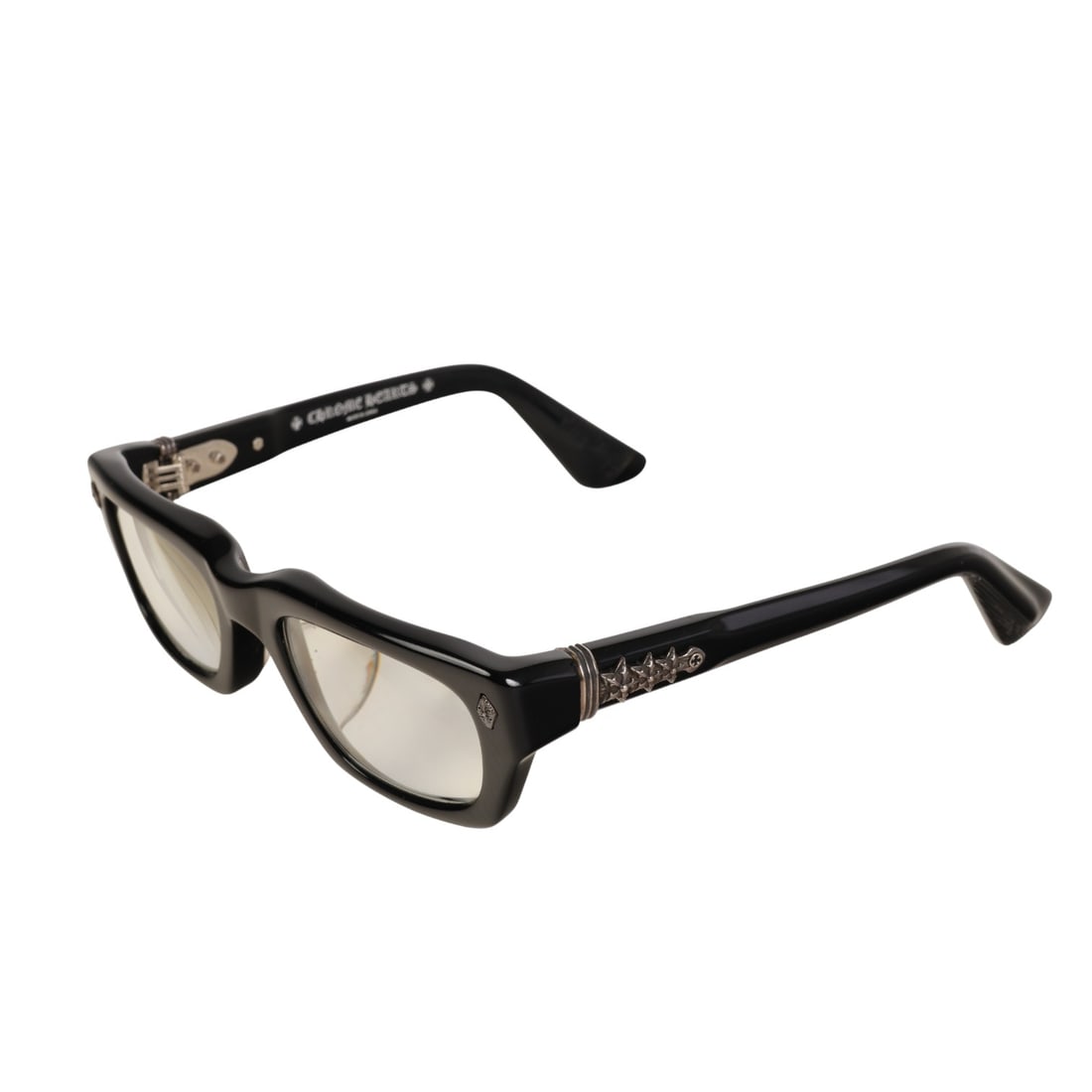 Chrome Hearts Idawanna Designer Eyewear Glasses: Chrome Hearts luxury designer Idawanna eyeglass frames, made in Japan. Features black acetate rectangular rims, sterling silver hardware accents at the temples, and signature fleur-de-lis and floral c