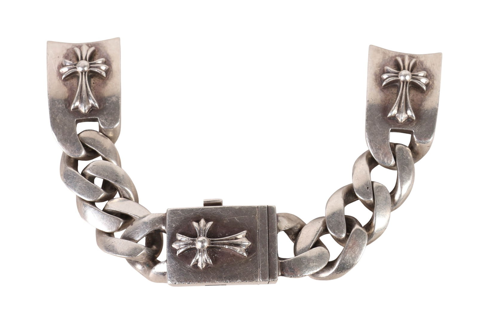 Chrome Hearts Sterling Link Watch Band Extension: Chrome Hearts sterling silver luxury designer watch extension with Cuban style wide curb links and flared end caps, featuring raised gothic cross motifs and toggle clasp. Measures approximately 5.75"