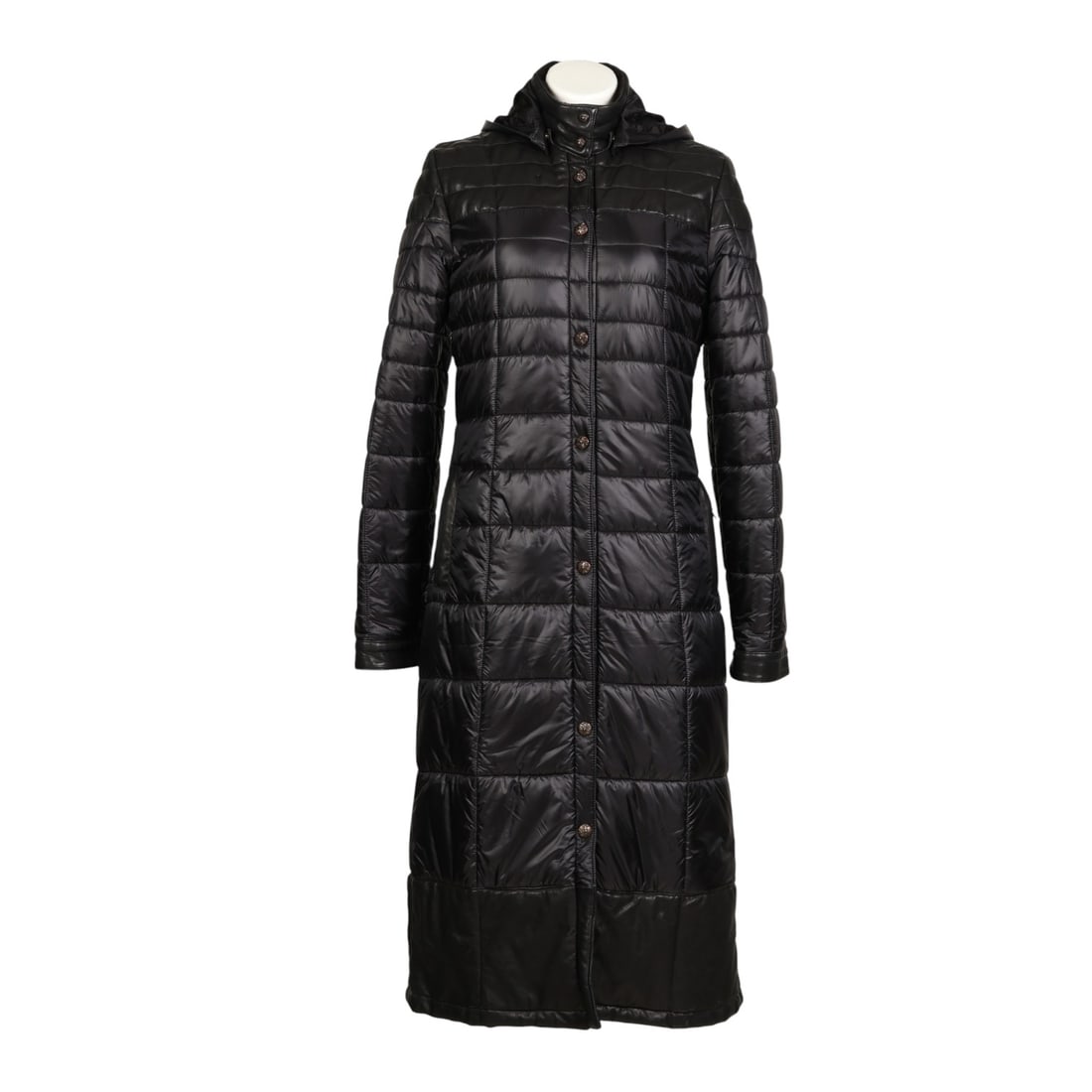 Chrome Hearts Hooded Quilted Fabric Coat Jacket XL: Chrome Hearts luxury designer full-length quilted coat featuring a hood and front snap closure with sculpted sterling silver buttons, with leather accents along the yoke, collar, cuffs, and hem. The i