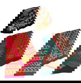 Salvatore Ferragamo Hermes & Chanel Scarves 3p LOT: Three vintage designer scarves, including a Hermes Paris 100% silk scarf measuring approximately 34" x 34", made in France with a carousel-themed motif in gold, red, blue, and black and finished with