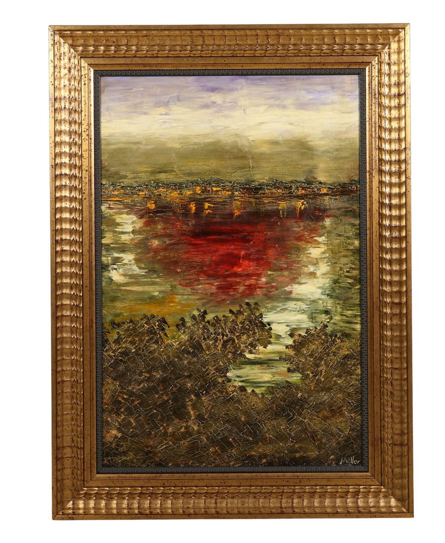 Abstract Landscape Composition Oil Painting SIGNED: Miller (20th Century), modern abstract oil painting on board featuring a richly layered impasto landscape composition. The work suggests a horizon line with potential reflective water elements and tex