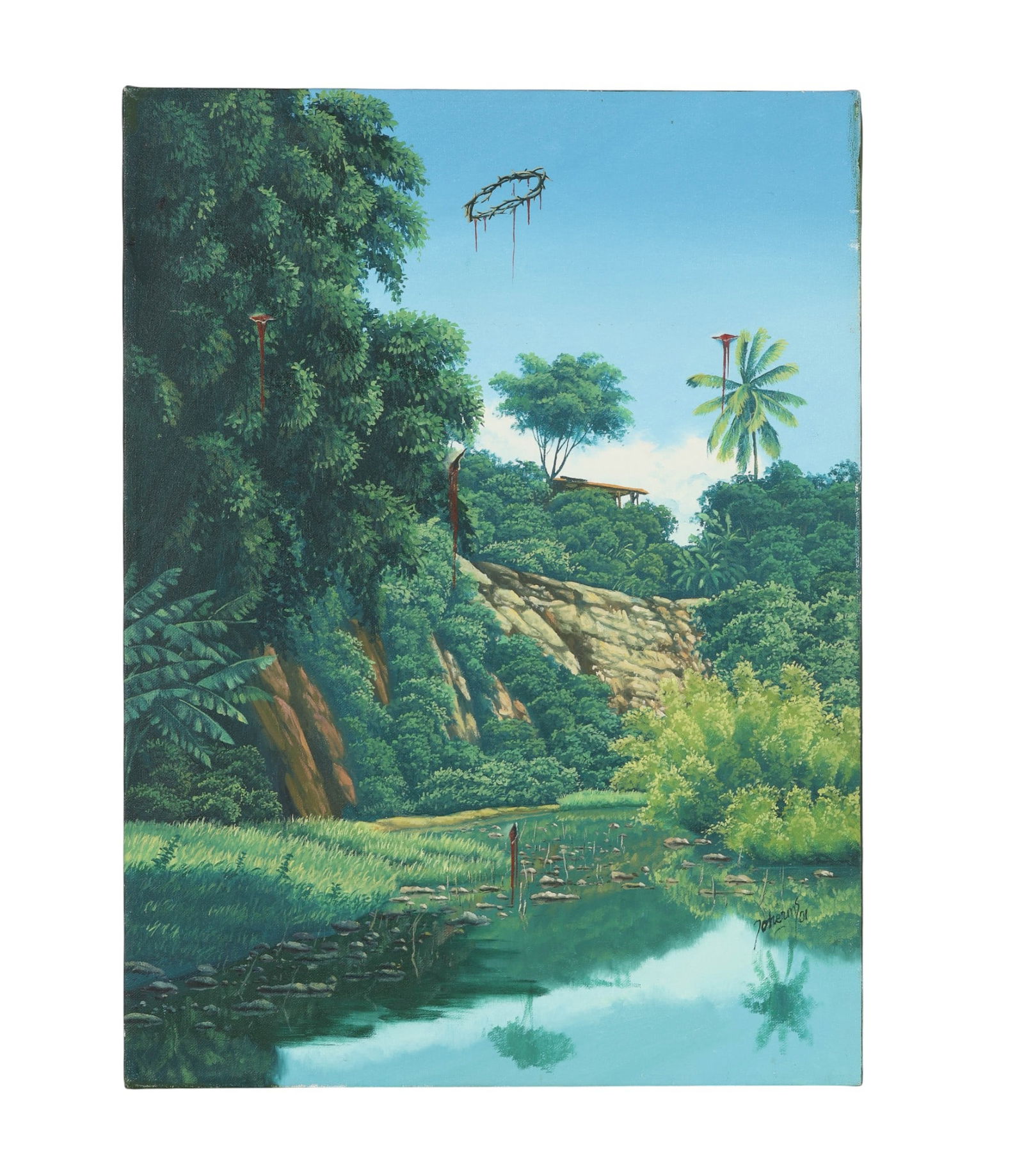Joherms Quiala Brooks b1970 Landscape Oil Painting: Joherms Quiala Brooks (Cuban, born 1970), oil on canvas. The landscape composition features a dense forest with cascading waterfall, lily pads, and tall foliage. A crown of thorns with red drips float