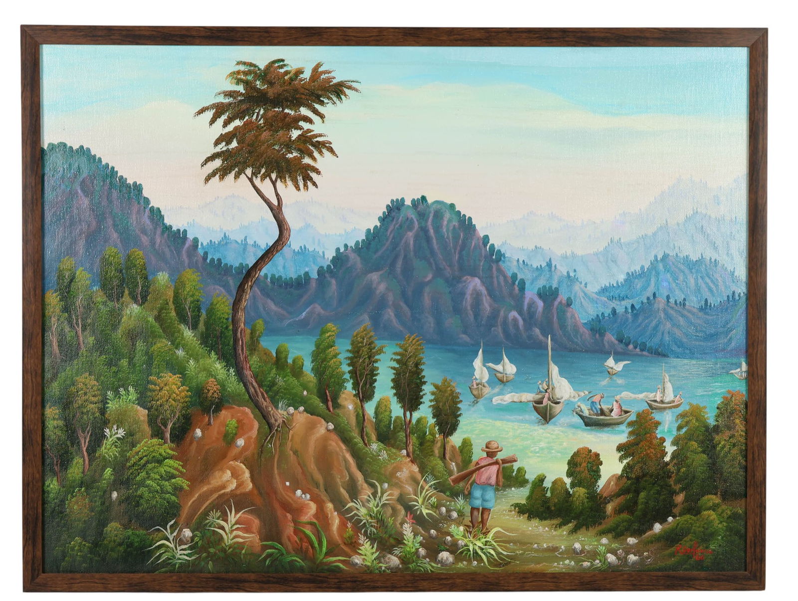 Raymond Dorleans b.1947 Landscape Oil Painting: Raymond Dorleans (Haitian, born 1947), oil painting on canvas depicting a tranquil mountainous landscape. The composition features rolling green hills and layered purple-blue peaks in the distance. In