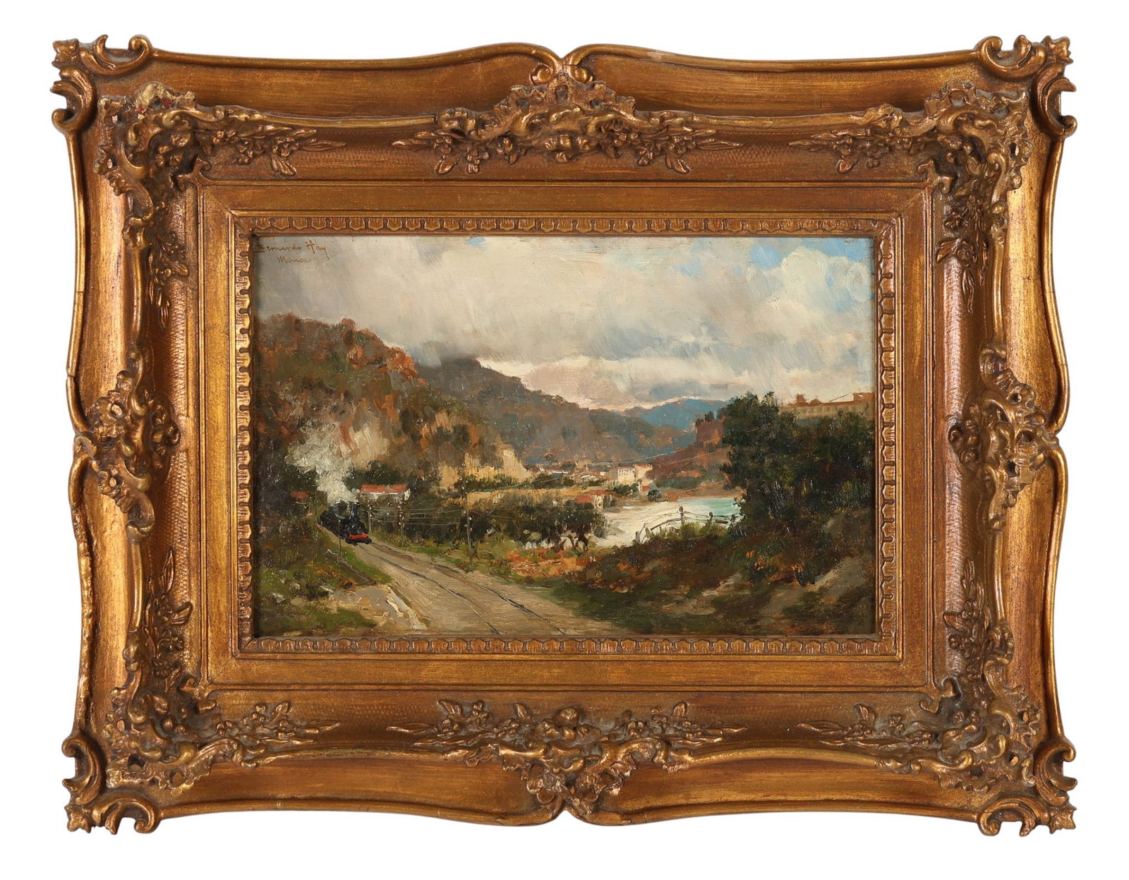Bernardo Hay 1841-1931 Train Landscape Painting: Bernardo Hay (British, 1864-1931), oil painting on wood panel depicting a steam locomotive traveling along a railway track cutting through a lush valley landscape. The landscape composition includes r