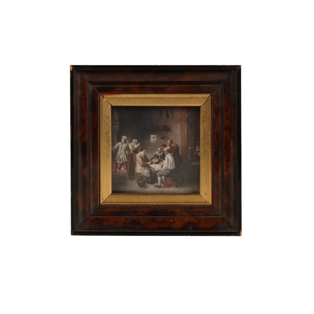 Antique Miniature Tavern Scene Watercolor Painting: Antique miniature watercolor painting on stock card paper depicting a detailed tavern interior scene. The composition includes multiple figures seated around a table engaged in dining, with various wa