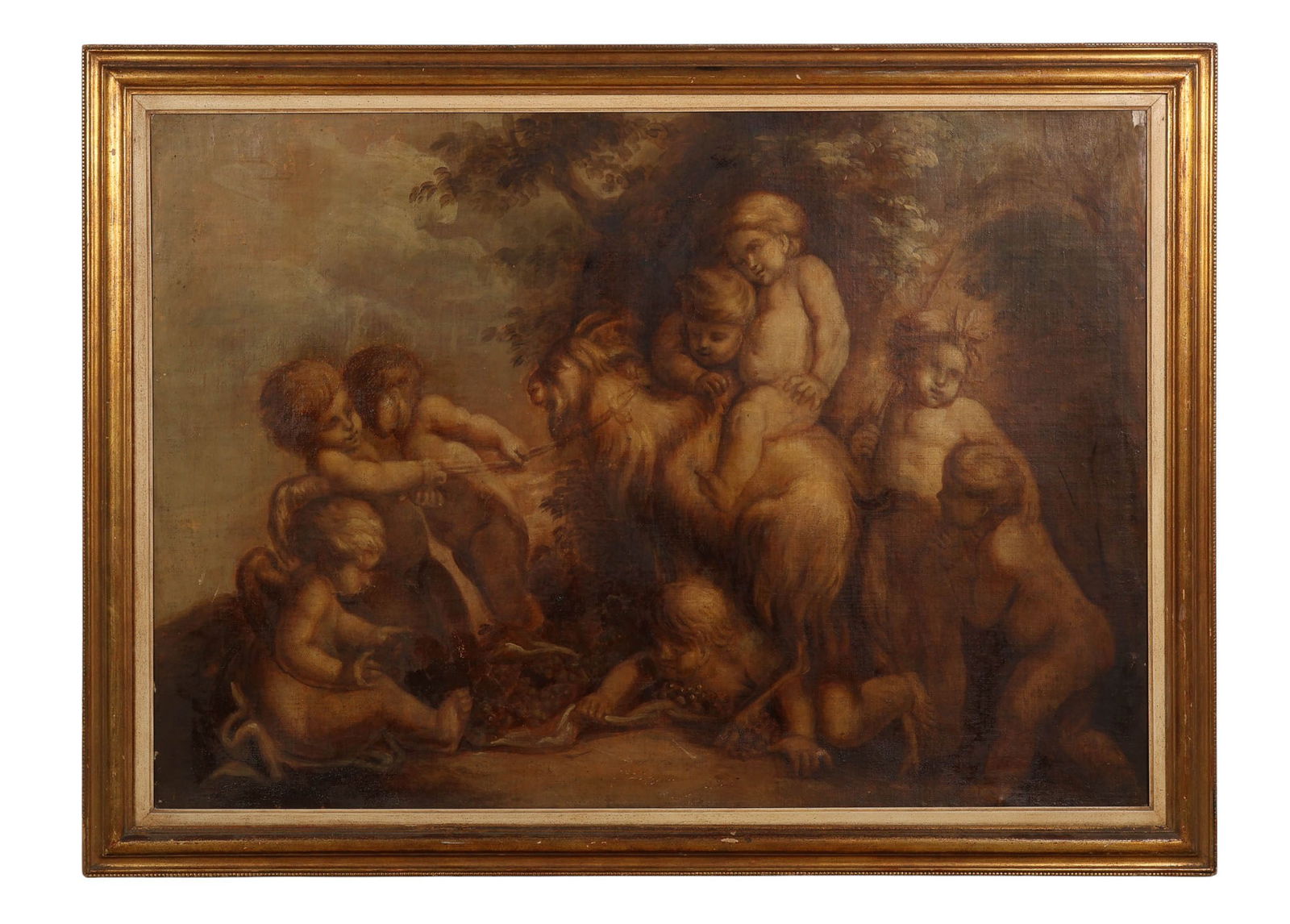 Antique Playing Cherubs and a Goat Sepia Painting: Antique oil painting on canvas depicting multiple nude putti figures gathered around a central goat, with some figures seated, standing, or gesturing playfully. Executed in a sepia-toned palette with