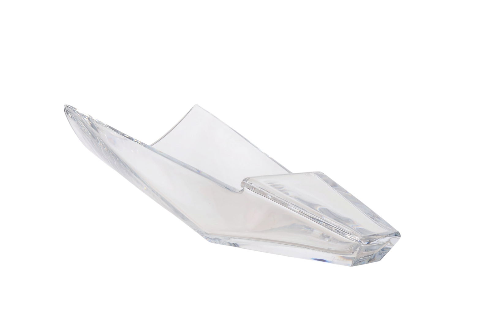 Baccarat French Crystal Sculptural Diva Vase Bowl: Baccarat France Diva retired clear crystal centerpiece vase featuring a modern abstract form with a deep angular interior well and sculpted walls. The underside is stamped with the etched circular aci