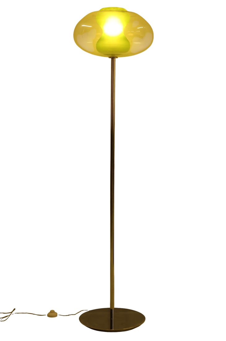 Karim Rashid b.1960 Designer"Soft" Floor Lamp: Modern chrome and glass "Soft" floor lamp attributed to Karim Rashid (Egyptian, born 1960) for Kovacs, featuring a central green Murano-style hourglass-shaped element encased in a clear rounded glass