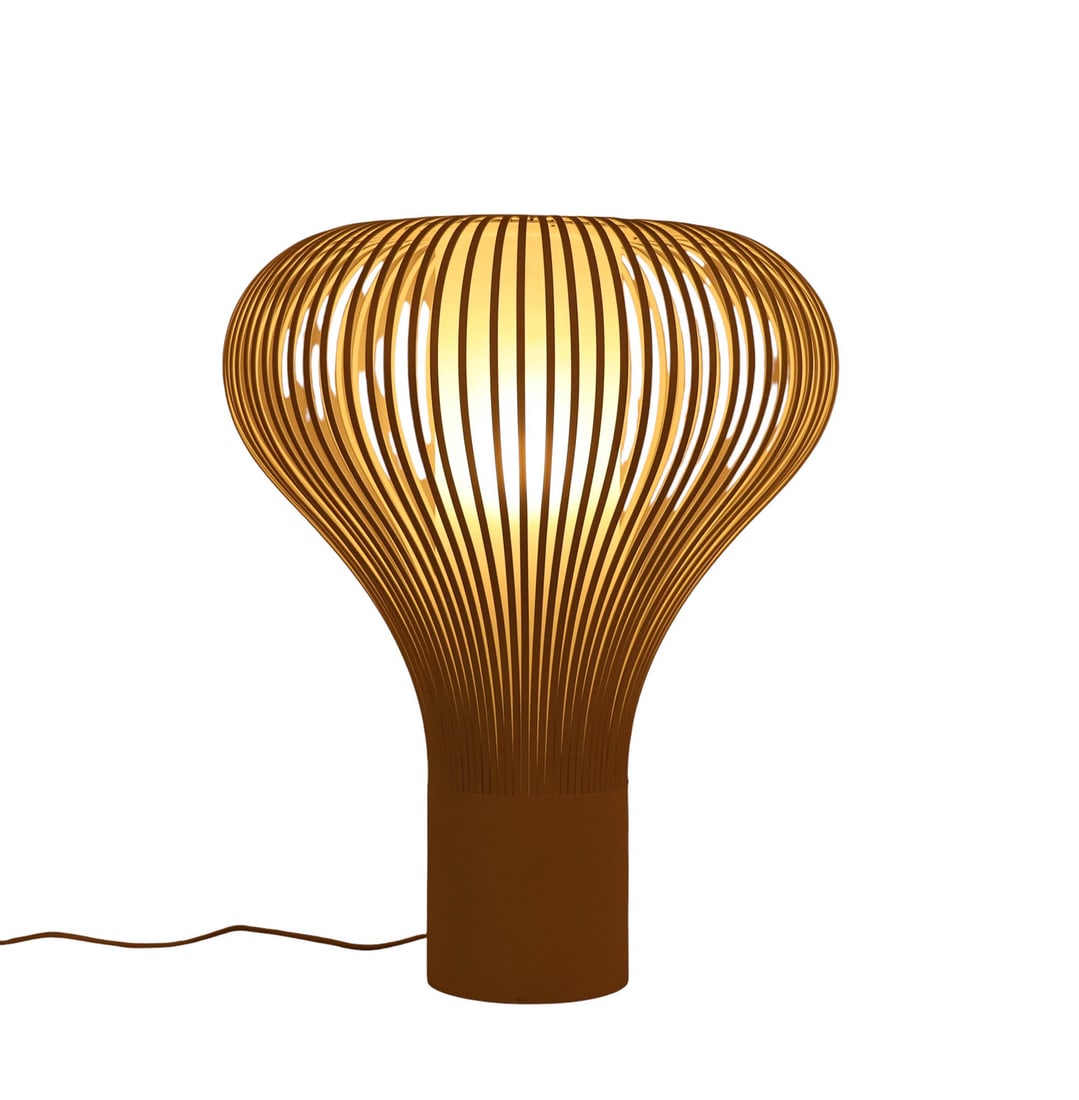 FLOS Chasen Modern White Metal Slatted Cage Lamp: Italian designer table lamp attributed to Chasen for FLOS, composed of numerous vertical white metal slats that create an open, sculptural, and organic form. Designed by Patricia Urquiola in 2007. Con