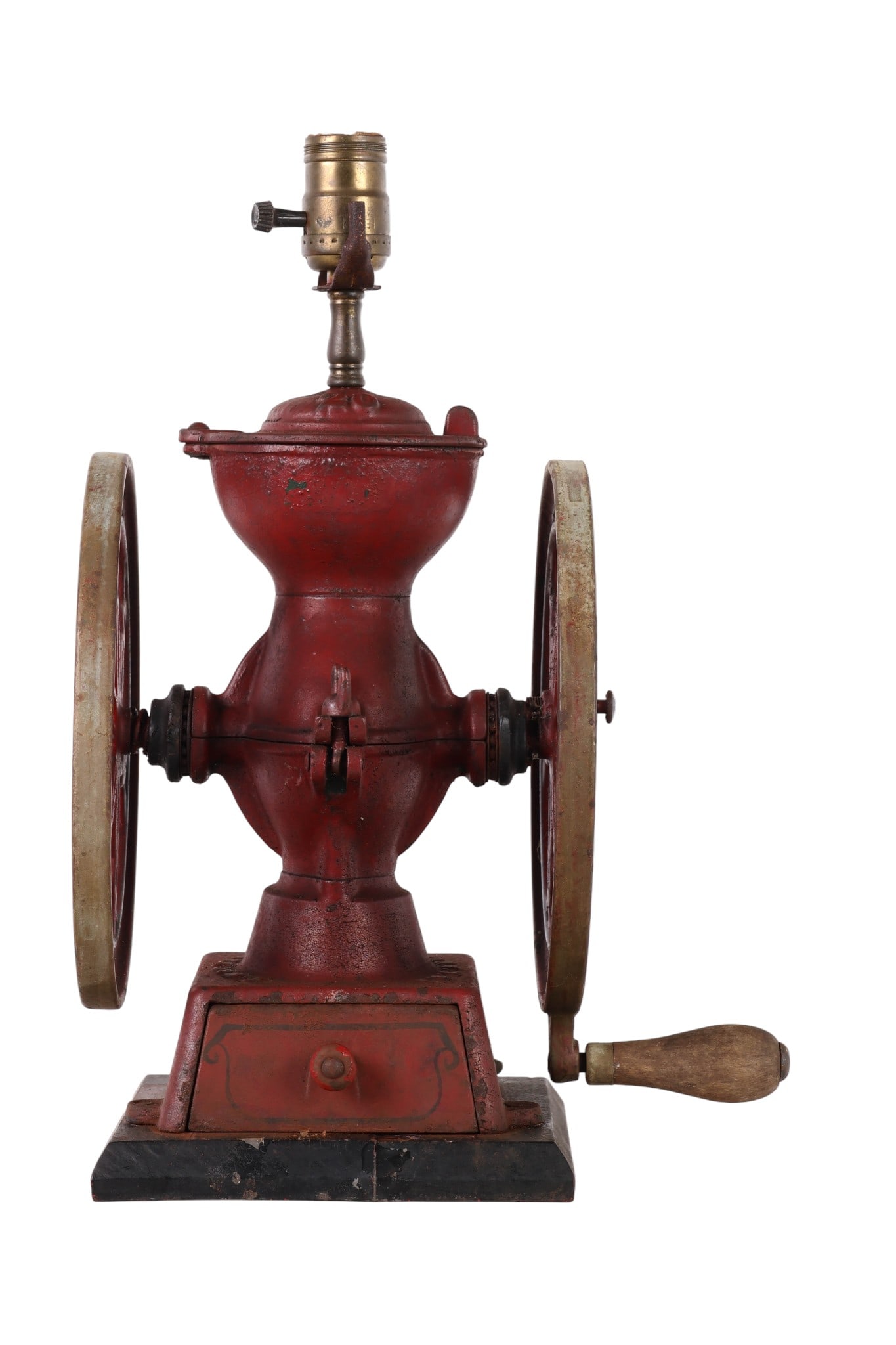 Landers Frary & Clark #20 Iron Coffee Mill Lamp: Landers Frary & Clark, New Britain, Connecticut, antique cast iron mini dual-flywheel coffee grinder converted into a table lamp. The industrial base features embossed text across the wheels reading L