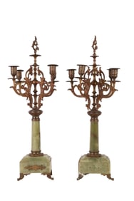 Pair of Green Onyx and Gilt Metal Candelabras