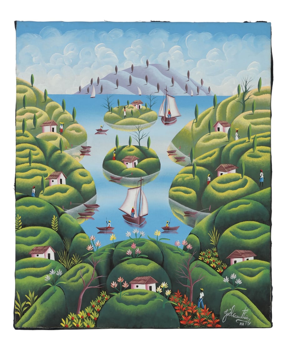 Joel Gauthier b.1955 Hillside Landscape Painting: Joel Gauthier (Haitian, born 1955), oil painting on canvas depicting a whimsical coastal village landscape. The composition features green rounded hills sprinkled with small white homes and figures, e
