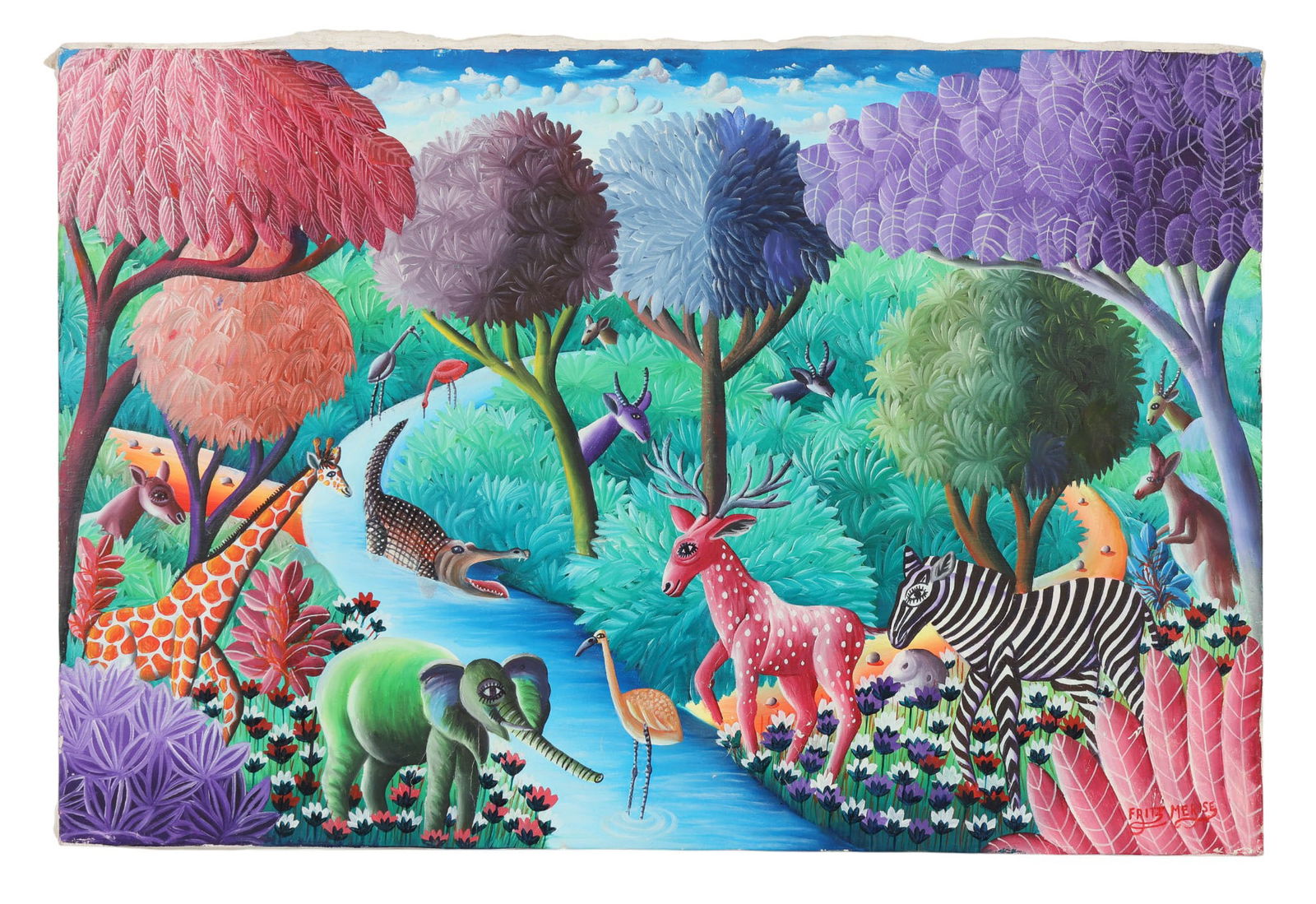 Fritz Merise b.1946 Jungle Landscape Oil Painting: Fritz Merise (Haitian, born 1946), oil painting on canvas depicting a vibrant jungle scene filled with stylized wildlife. The composition includes an elephant, zebra, giraffe, deer, crocodile, and exo
