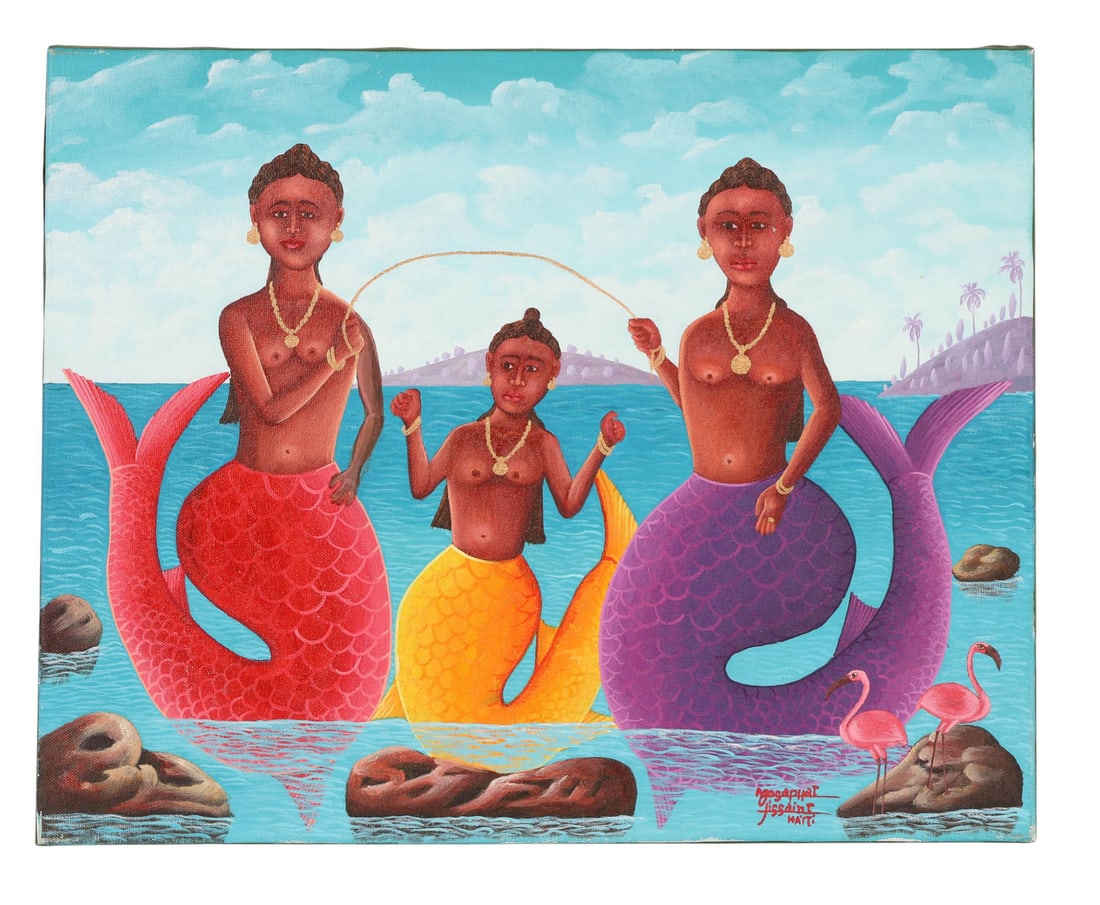 Josephat Tissaint b.1965 Mermaid Flamingo Painting: Josephat Tissaint (Haitian, born 1965), oil on canvas painting. Composition depicts three mermaids with red, yellow, and purple tails, wearing jewelry, set in a tropical seascape with flamingos, rocks
