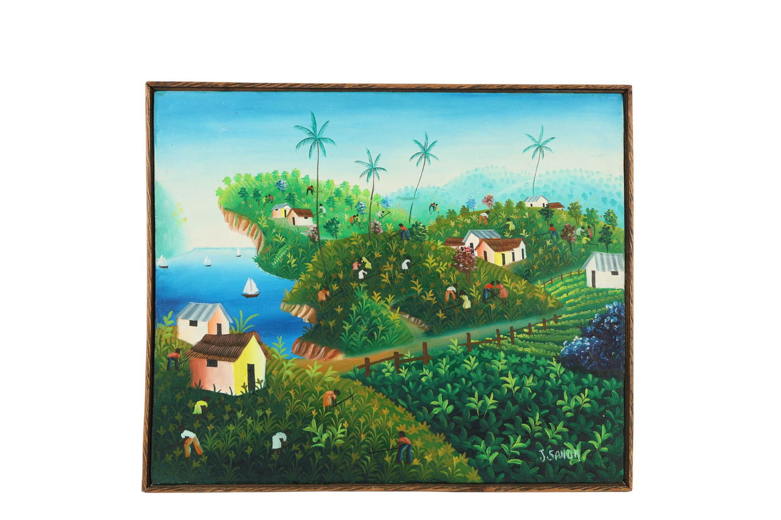 Janet Sanon b.1962 Coastal Village Oil Painting: Janet Sanon (Haitian, born 1962), oil painting on canvas. The composition captures a tropical hillside with clusters of white roofed cottages, coconut palms, and figures working among greenery, agains