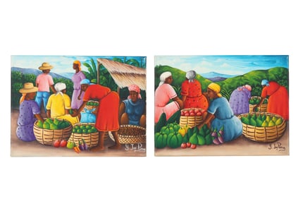 Yvon Jean Pierre b.1942 Market Scene Oil Paintings