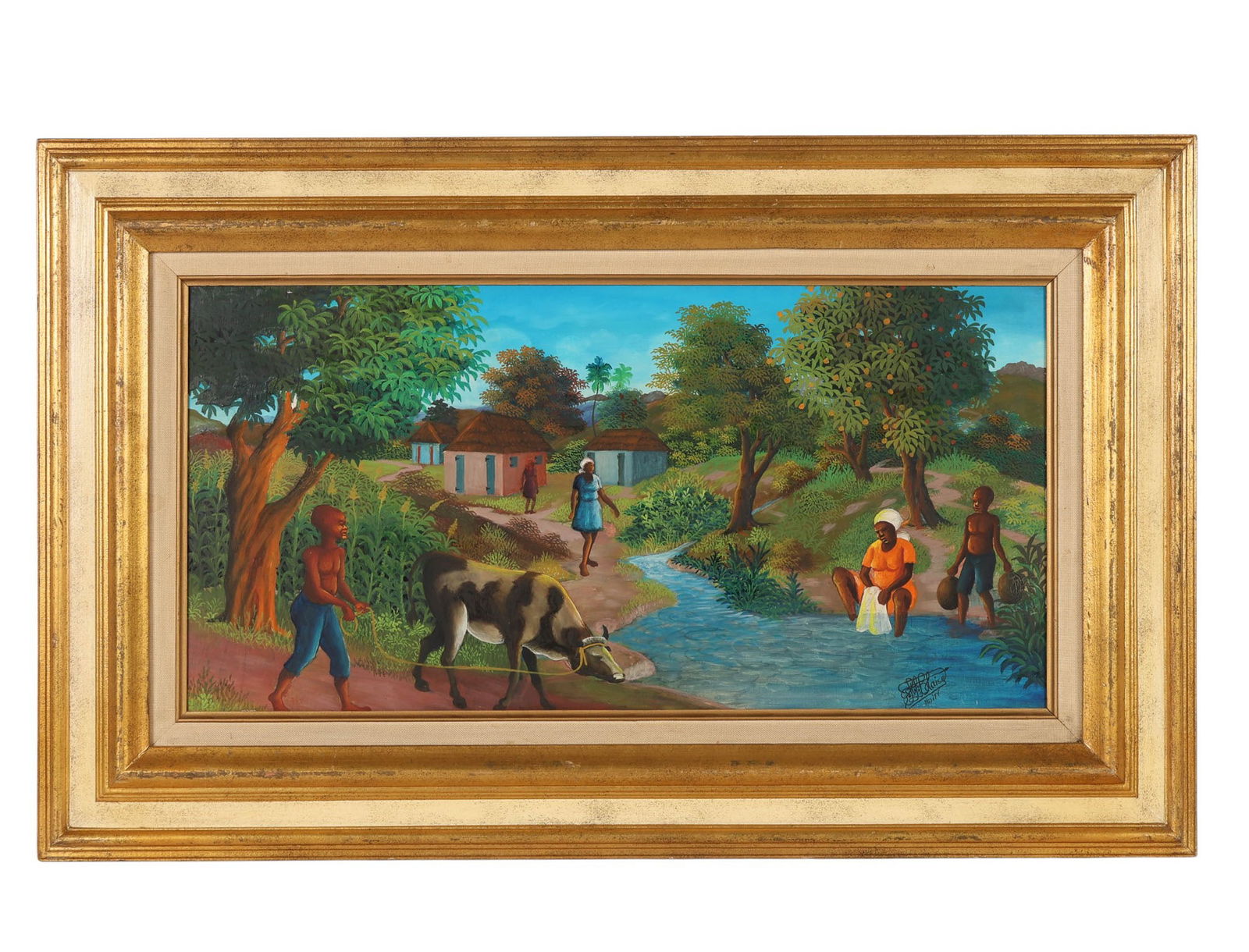 St. Louis Blaise 1956-1995 Village Scene Painting: Saint Louis Blaise (Haitian, 1956-1995), oil painting on masonite board portraying a detailed rural village scene. The composition features figures engaged in daily life, including a woman washing clo