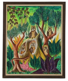 Adam Leontus 1928-1986 Owls in Tree Oil Painting